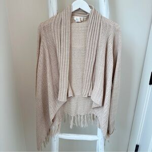 RD Style Cream Ribbed Knit Open Front Cardigan Sweater with Fringe Bottom
